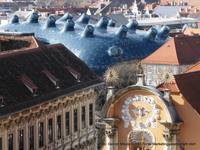 Blick vom Schlossberg zum Kunsthaus und zur Mariahilfer Kirche. Graz 1. Bezirk - Innere Stadt 