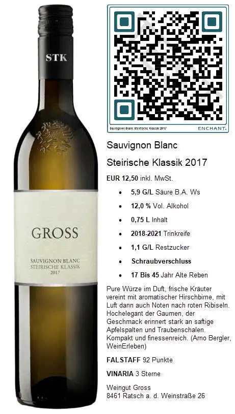 Sauvignon Blanc Steirische Klassik 2017 GebietsweinWeingut Gross 8461 Ratsch an der Weinstrasse 26 mit QR