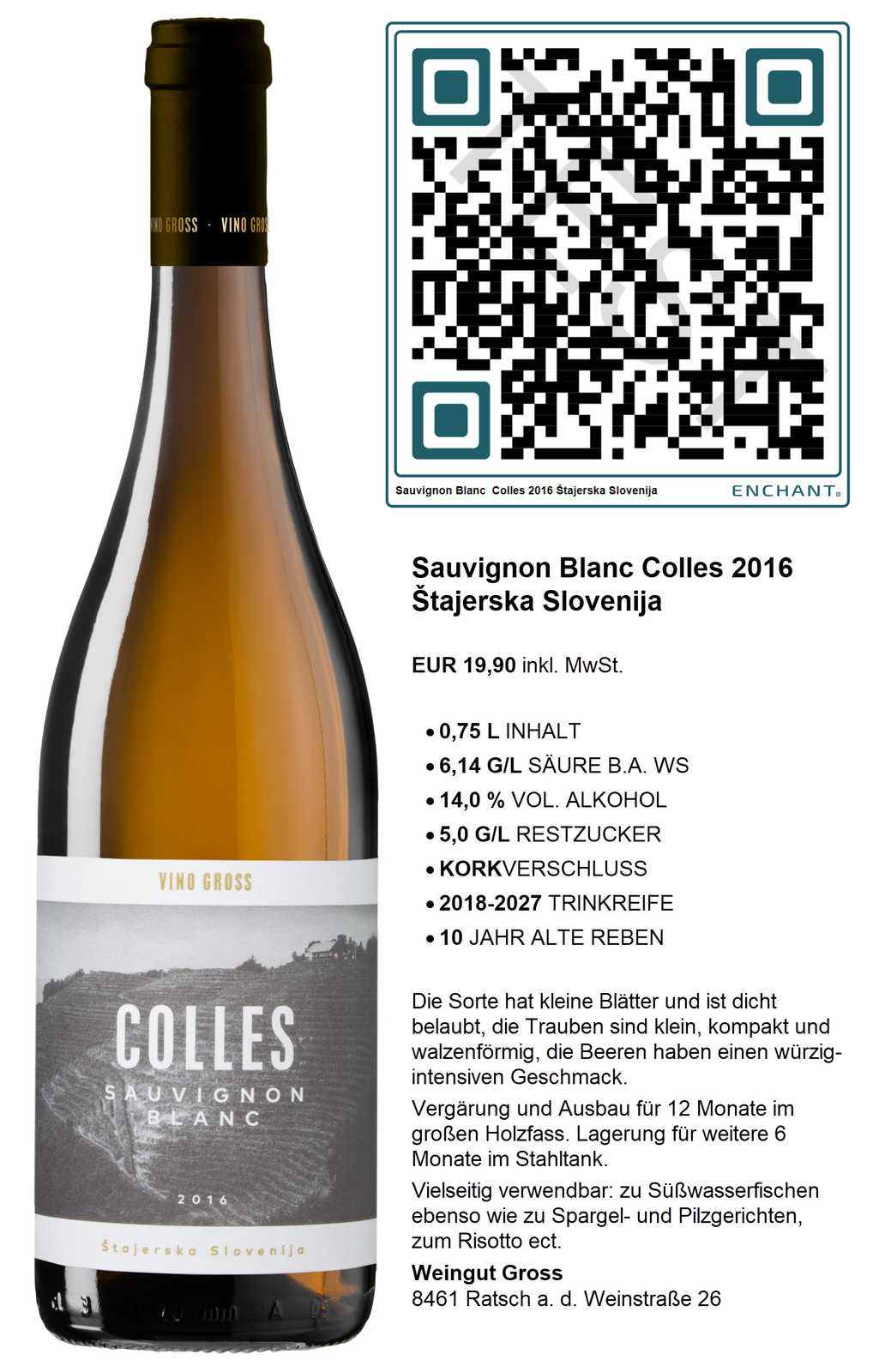 Sauvignon Blanc schwarze Kappe Weingut Gross 8461 Ratsch an der Weinstrasse 26 COLLES 2016 STAJERSKA SLOVENIJA mit QR