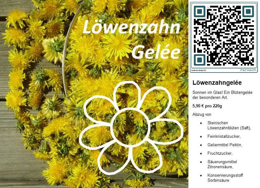 Loewenzahngelee im Glas Bluetengelee Steirische Loewenzahnblueten Saft mit QR