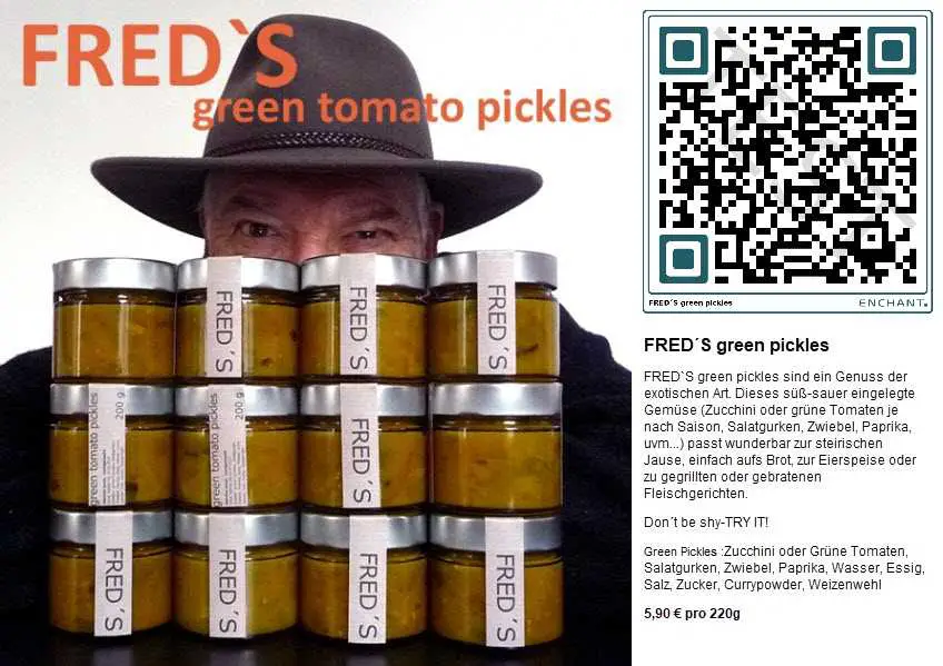 FRED S green pickles Genuss exotisch suess-sauer freds eingelegtes Gemuese Zucchini gruene Tomaten Salatgurken Zwiebel Paprika mit QR